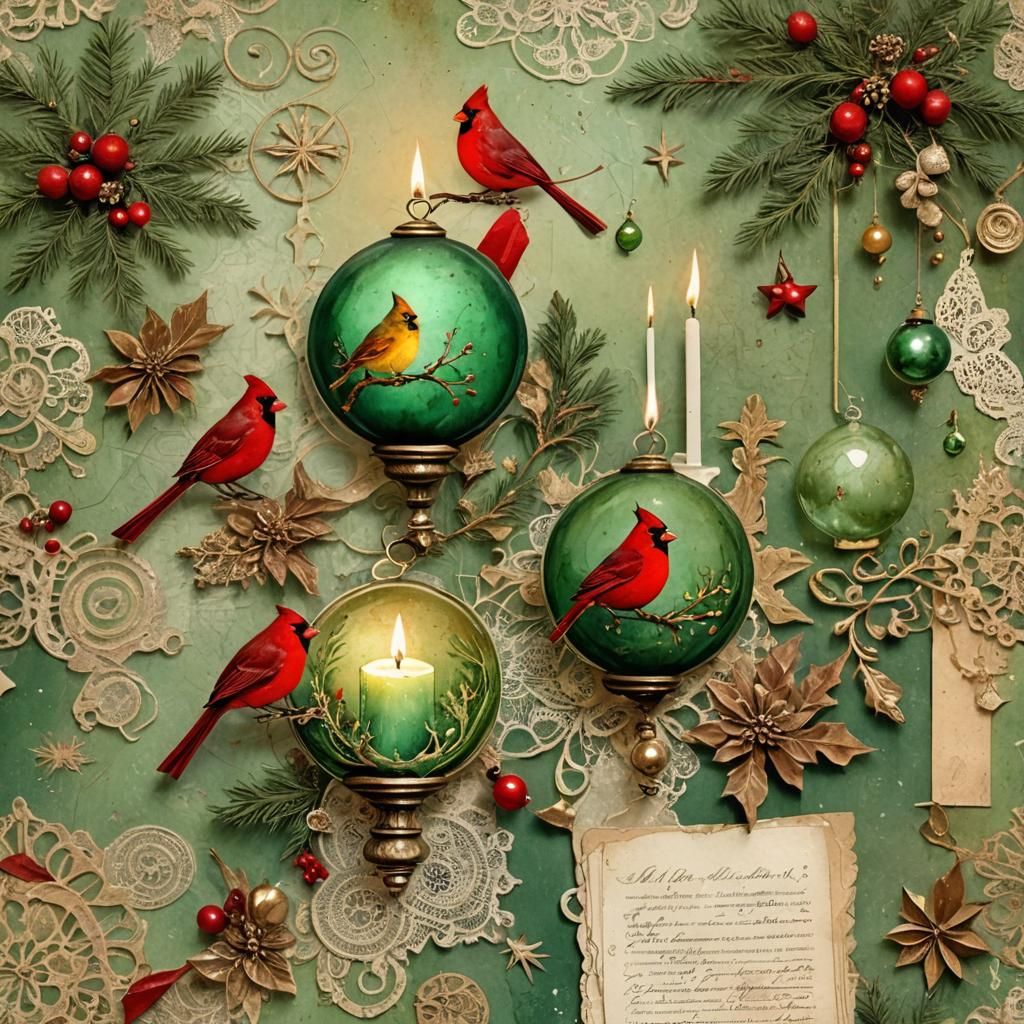 Vintage Christmas Collage with Cardinals and Orbs