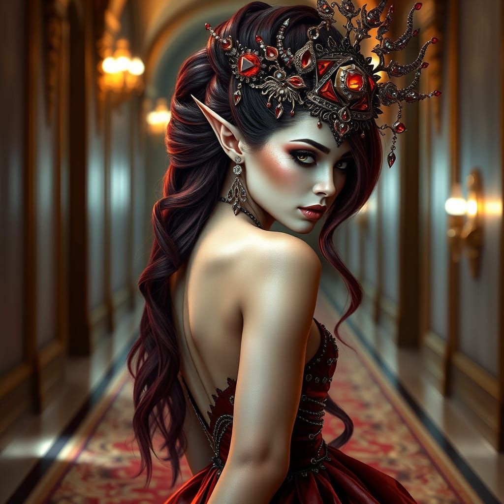 Regal Fire Elf Woman in Opulent Headdress