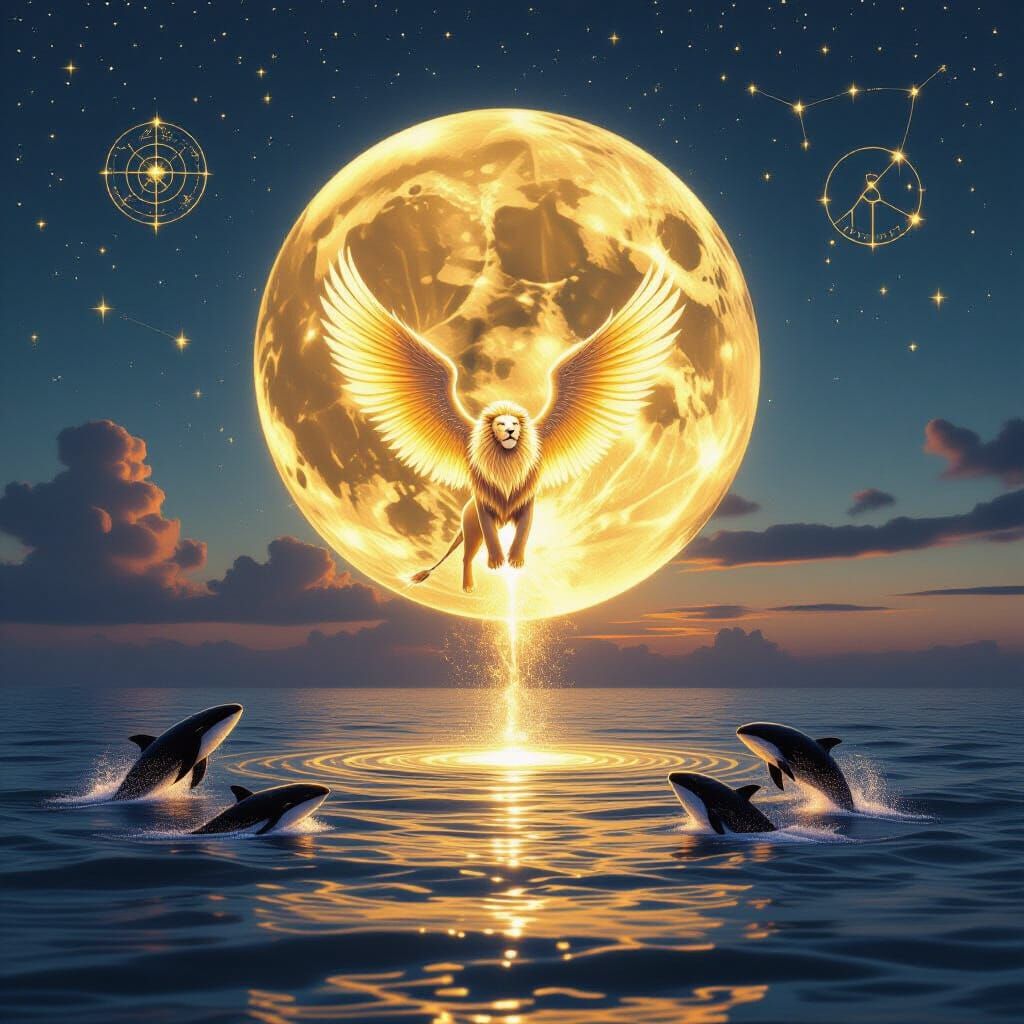 Celestial Lion Emerges from Moon Above Ocean