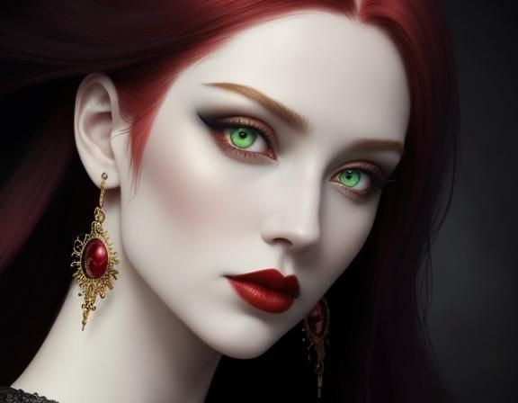 Gothic young lady with long crimson red hair and green eyes ...