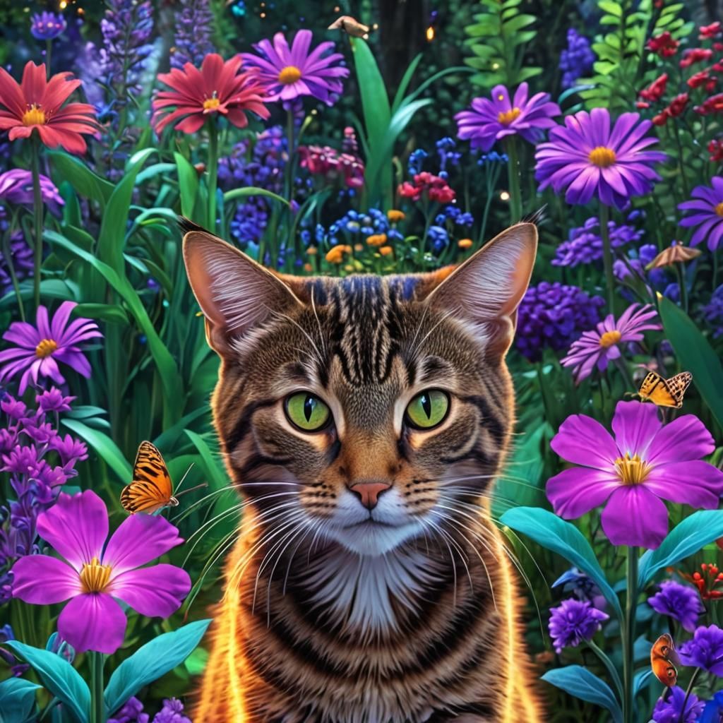 Cute tabby cat in the flowers