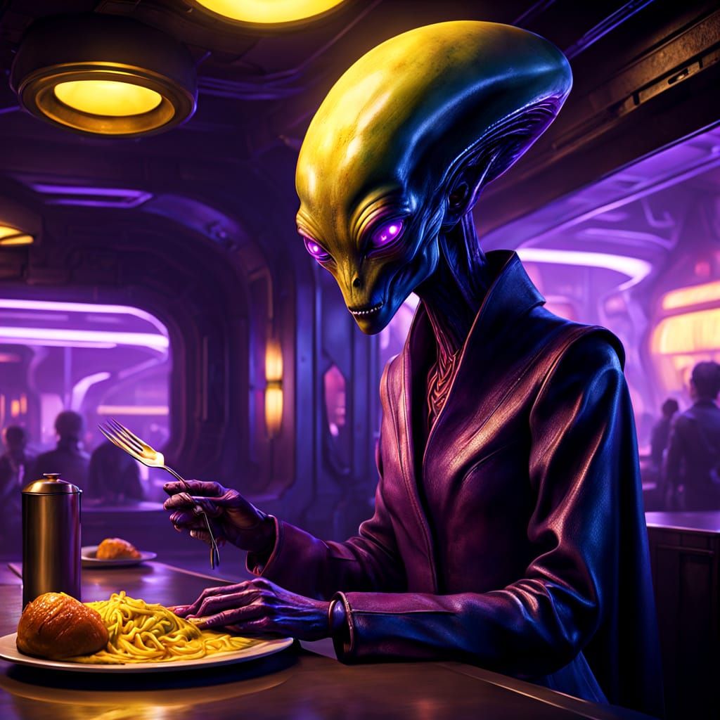 Dark Fantasy Alien Orders Food in Futuristic Restaurant