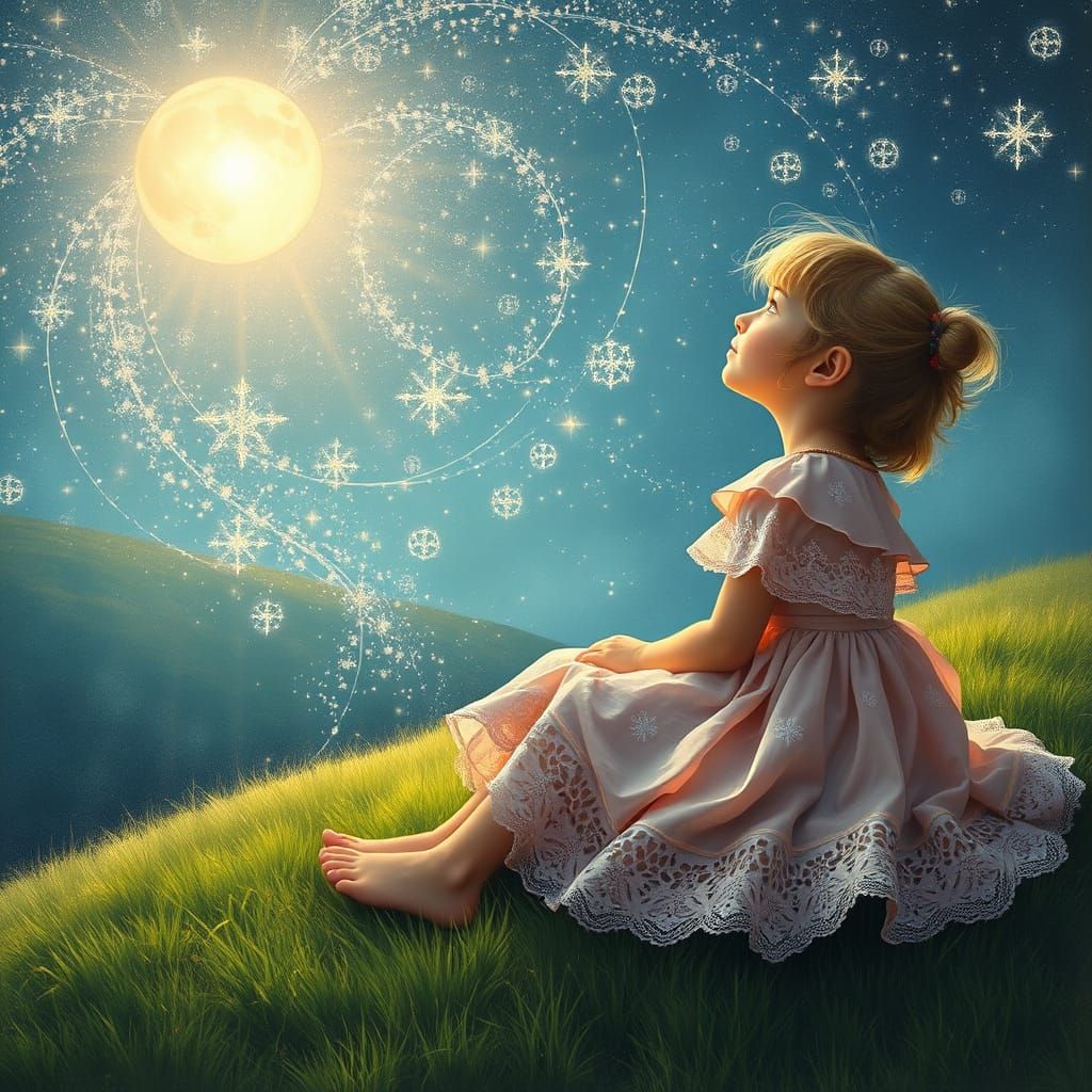 Dreamy Young Girl in Whimsical Starlit Scene