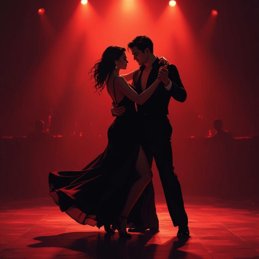 Woman Dances with Dark Figure in Red Lit Room