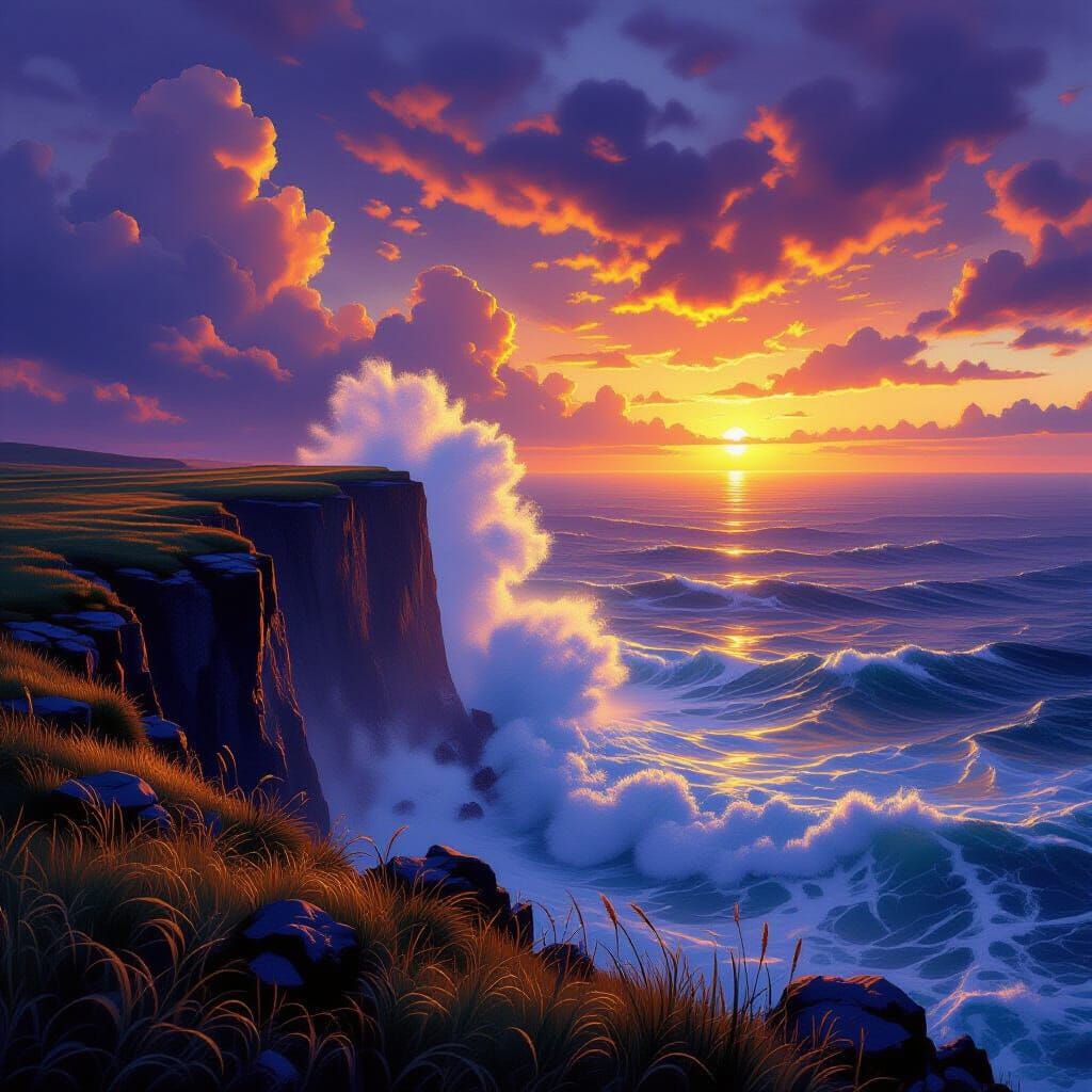 Dramatic Cliff Over Roaring Ocean at Golden Sunset