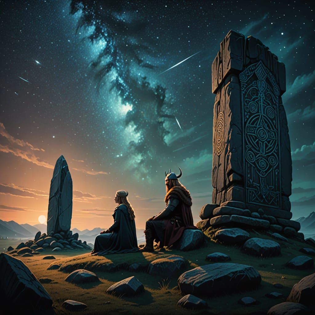 Viking Warrior and Woman Under Starry Sky