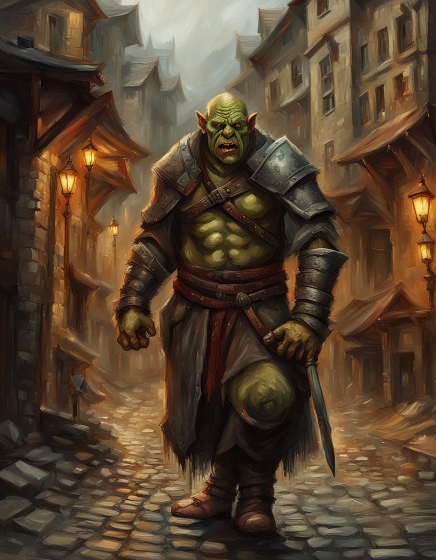 Orc in Medieval City: Detailed Oil Painting