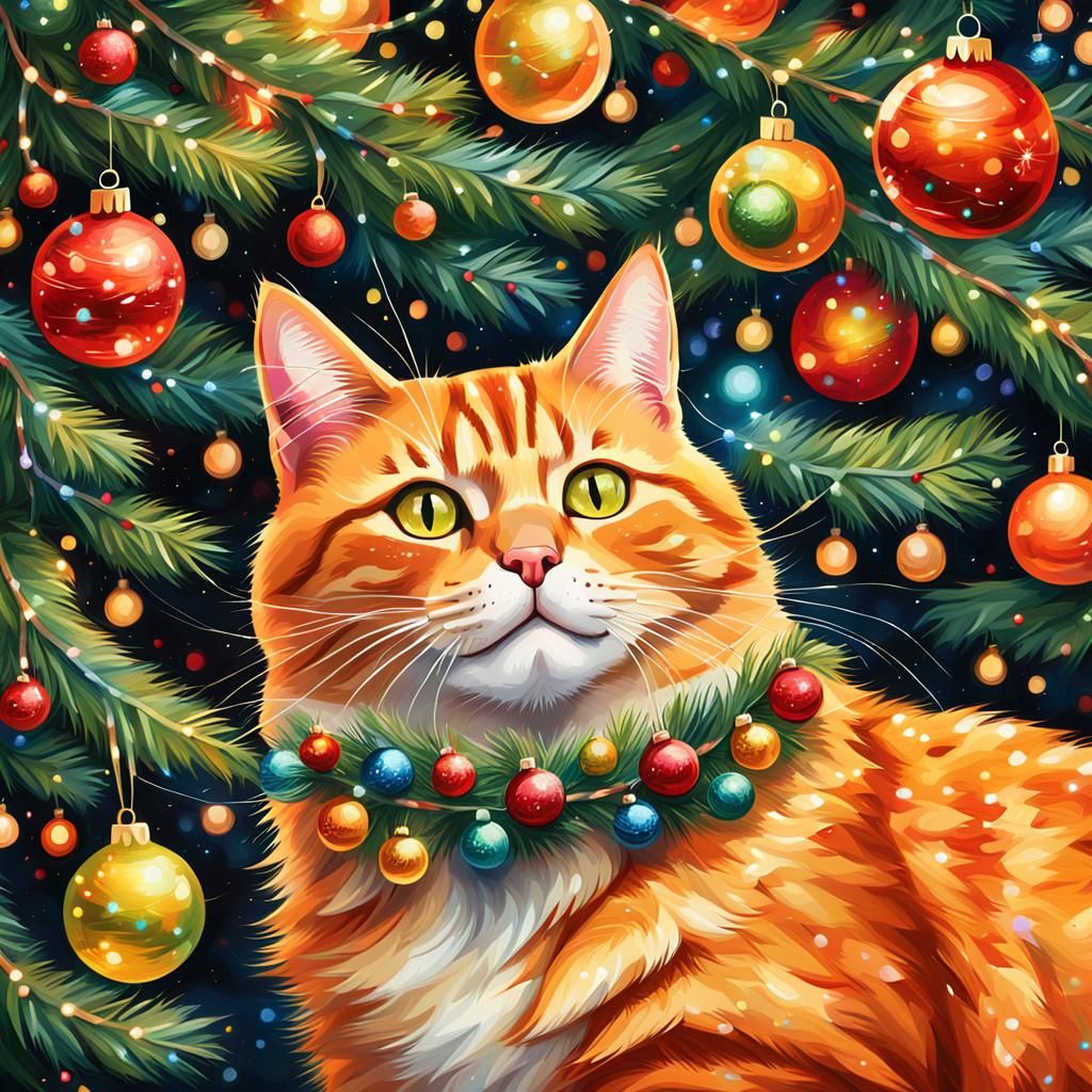 Ginger Cat's Joyful Christmas Tree Adventure as Oil Painting
