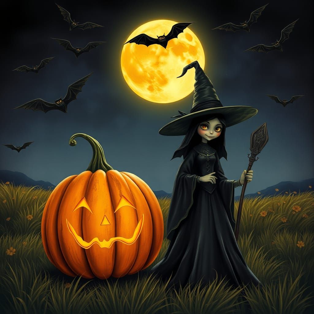 Halloween Night Scene with Witch and Pumpkin