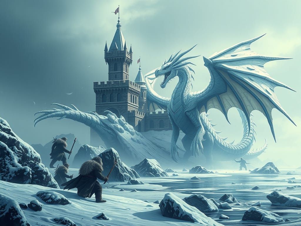Epic Battle of Ice Giants and Behemoth Dragon Over Frozen Se...