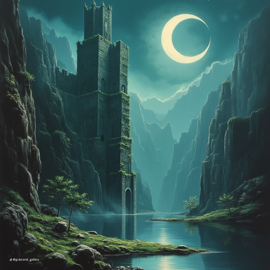 Mystical Tower in Moonlit Lake, Fantasy Illustration