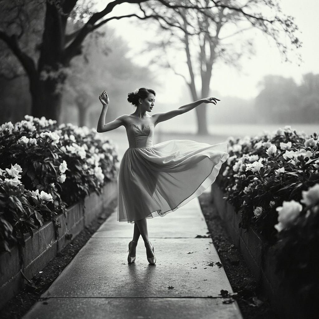 Ballerina's Rainy Dance: Hyperrealistic Black and White Phot...