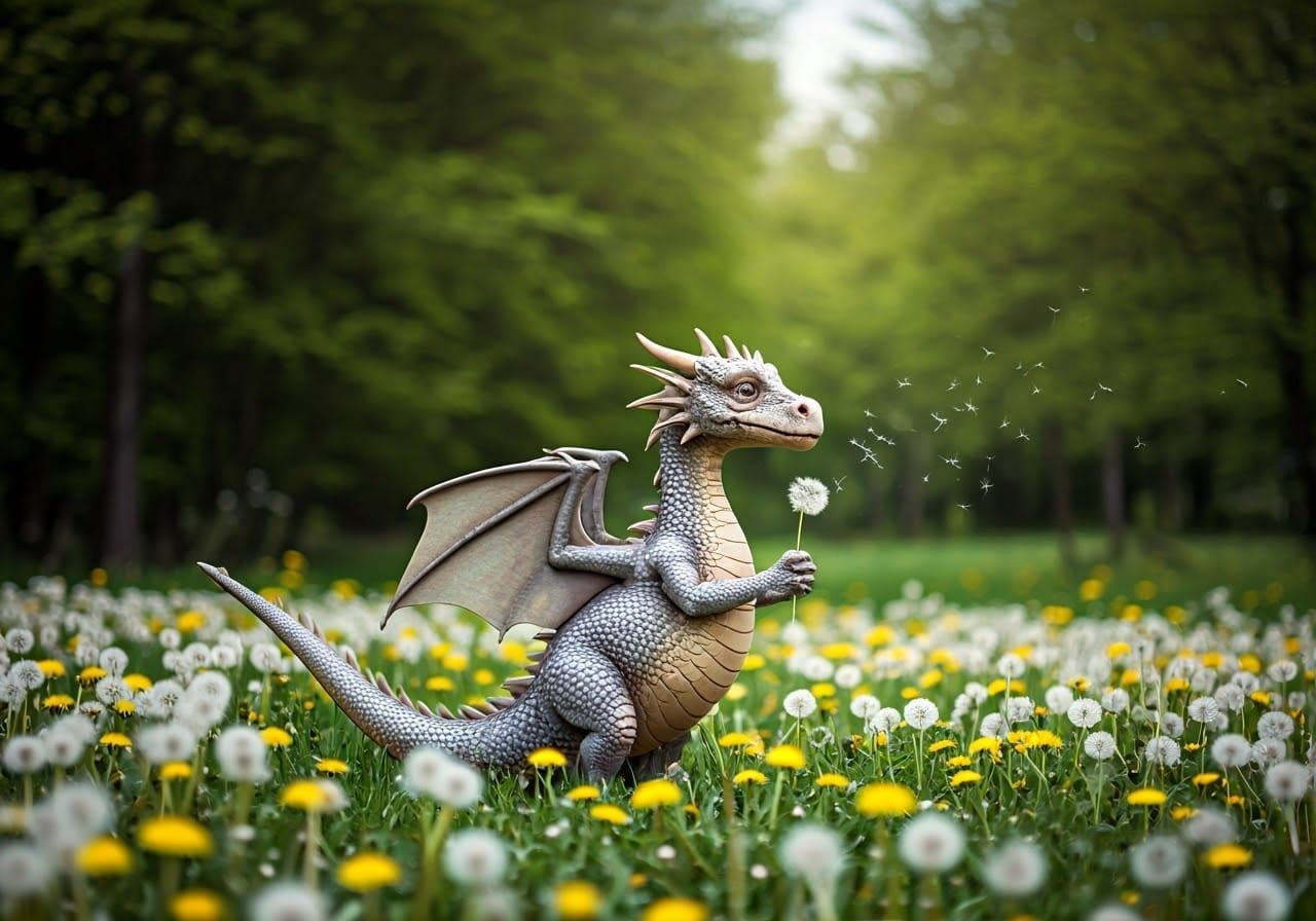 Playful Elder Dragon Sways Dandelions in Serene Forest