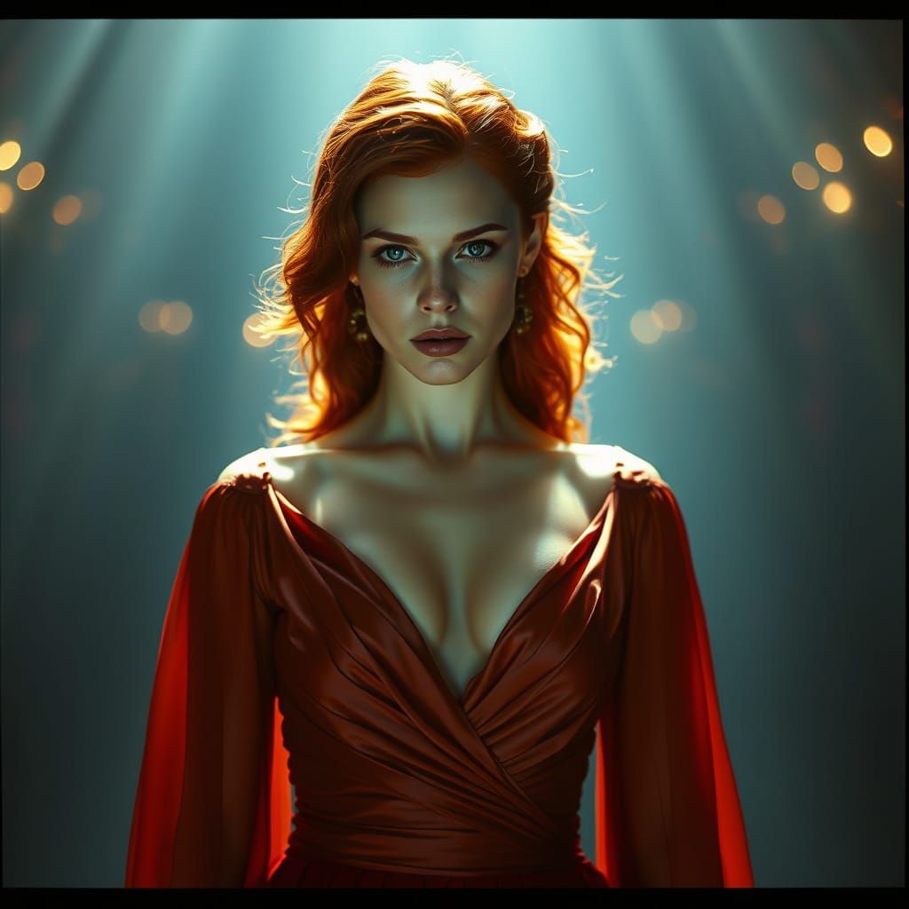 Glowing Redhaired Woman in Cinematic Gown, Flickering Shadow...