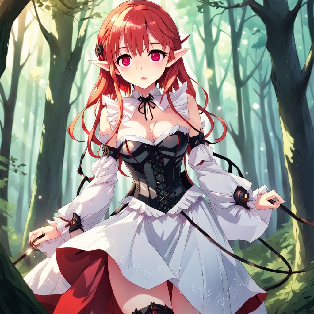 Enchanting Elf with Ruby Eyes in Anime Style