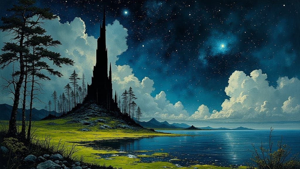 Black Spire on Carboniferous Island Under Starry Sky