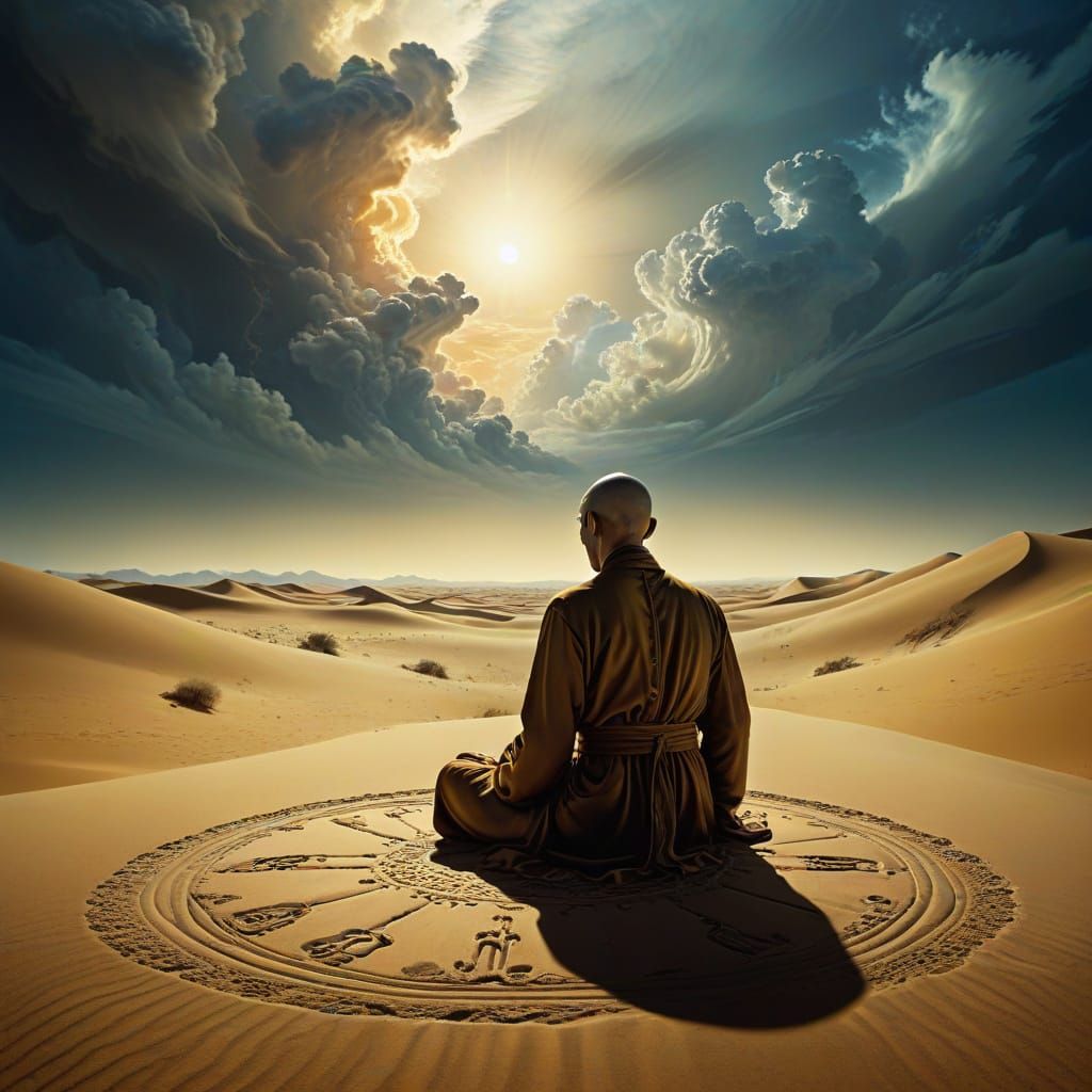 Surrealist Desert Landscape with Swirling Sand and Golden Da...