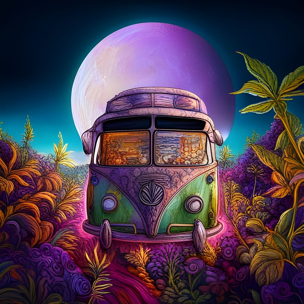 Enchanted Marijuana Bus in Dreamy Landscape
