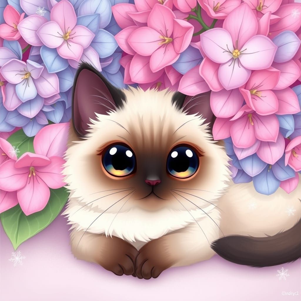 Kawaii Siamese Cat Under Hydrangea Blooms in Cartoon Style
