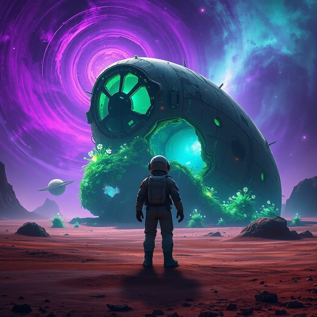 Astronaut and Crashed Spaceship on Alien Planet