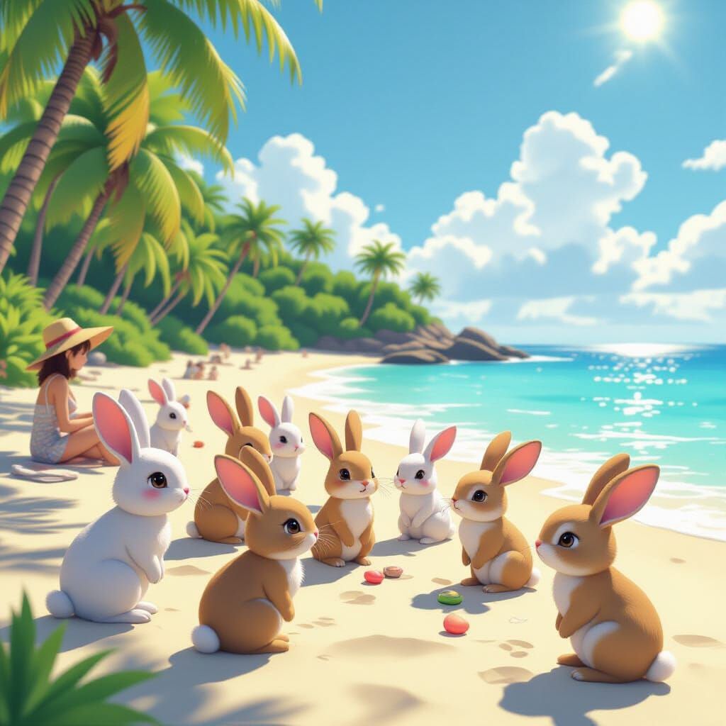Happy Rabbits on a Cozy Beach in 3D Anime Style