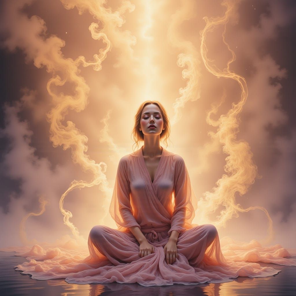 Serene Woman Meditating in Pink Robe, Golden Light