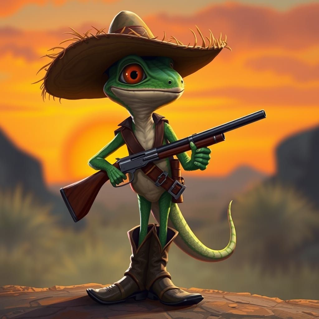 Gecko Gunslinger at Sunset in a Painterly Style
