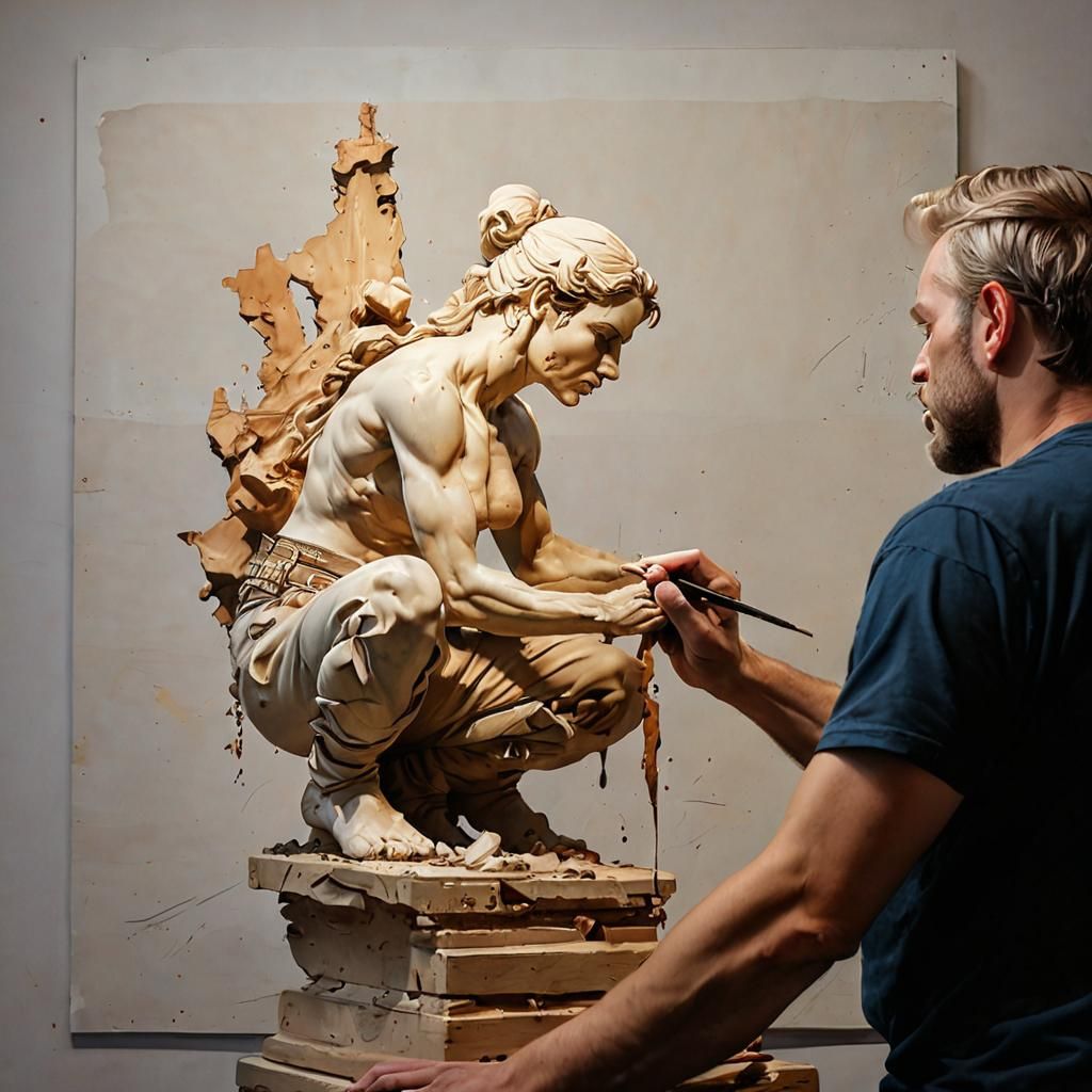 Portrait of a man busy carving a sculpture of a crouching woman. Painting by Frank Frazetta (splash art , ink drawing, w...