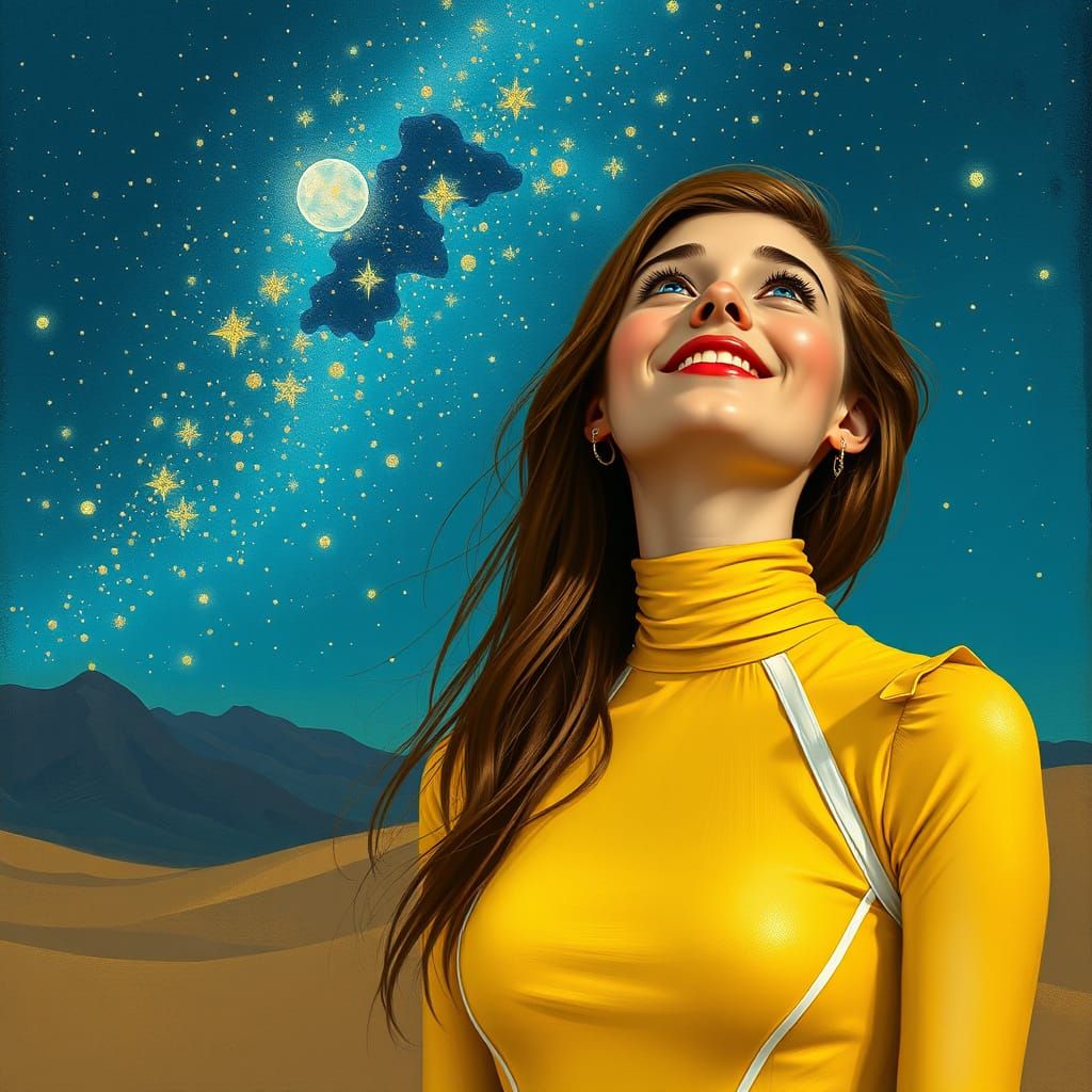 Radiant Woman Gazing at Starry Night in Art Nouveau Style