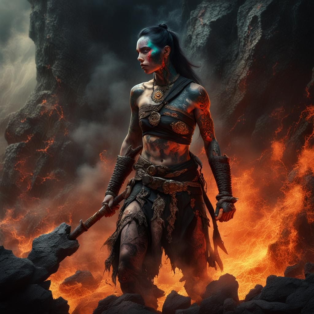 Barbarian Woman in Hell: A Dramatic Oil Painting