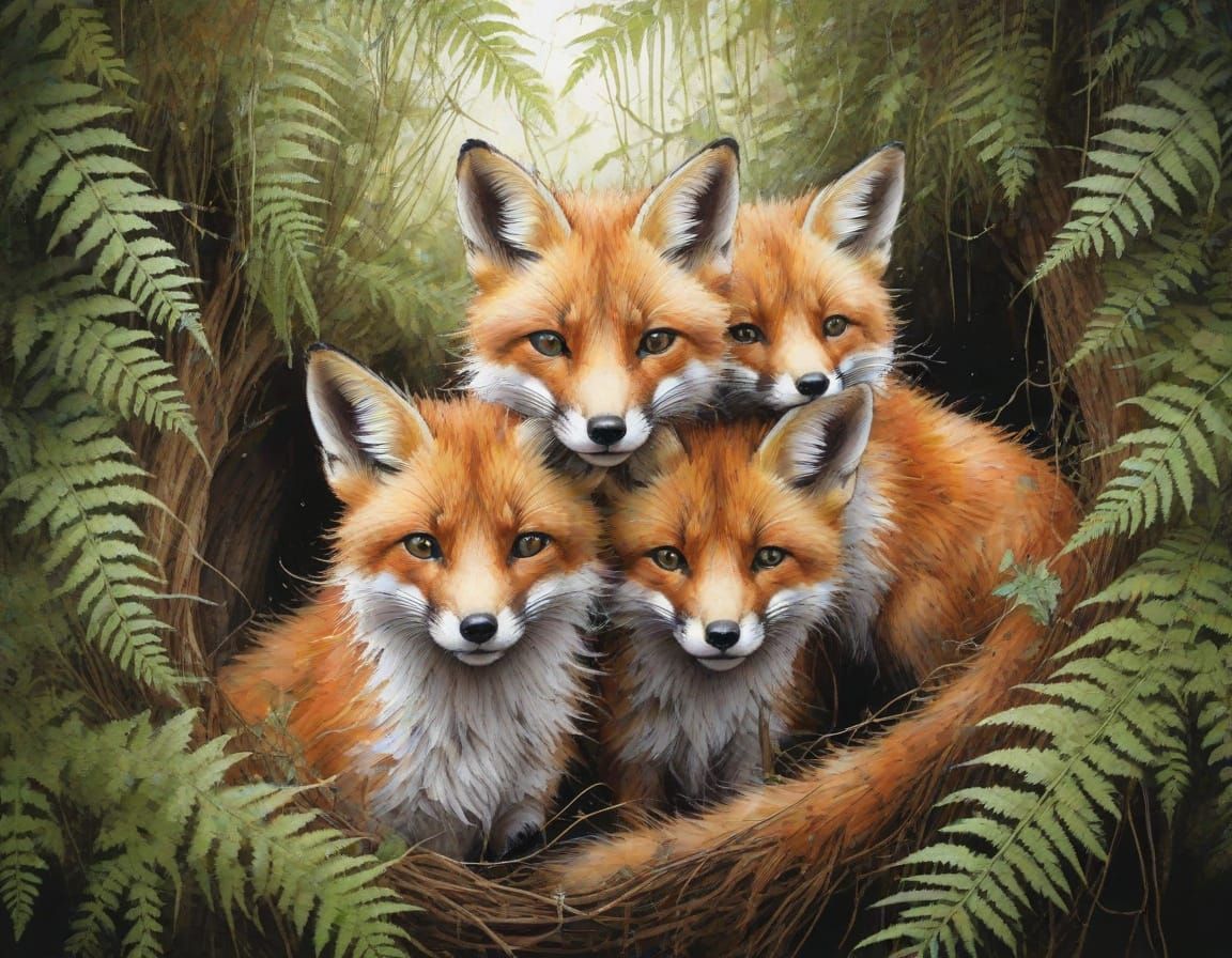 Fox Kits in Fern Hollow, Watercolour Ink Splatter Art