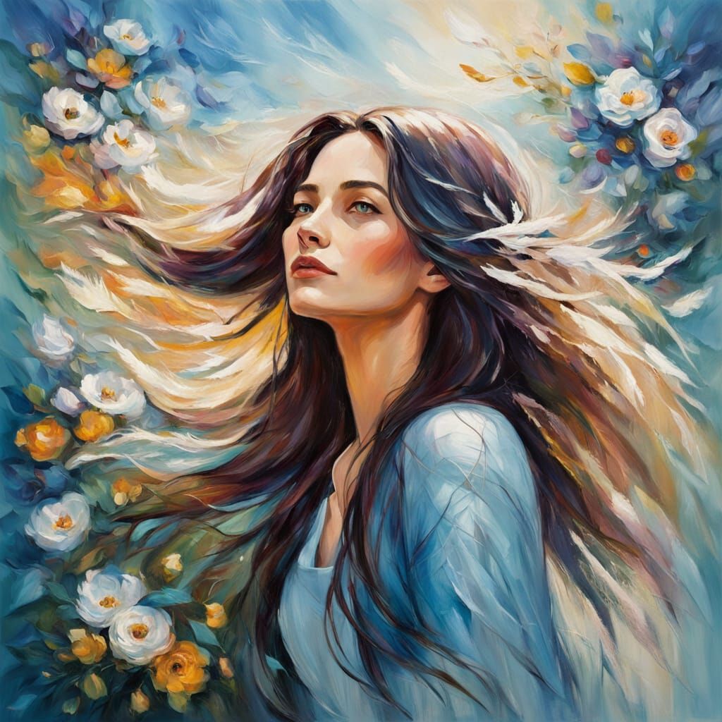 Serene Neo-Impressionist Portrait of a Beautiful Girl in a F...