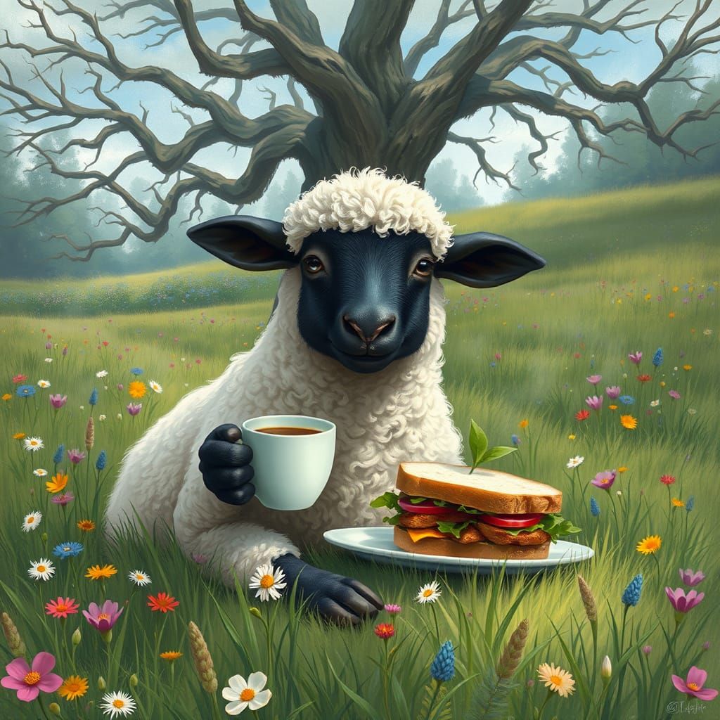 Sheep Savoring Coffee and Sandwich in Whimsical Meadow