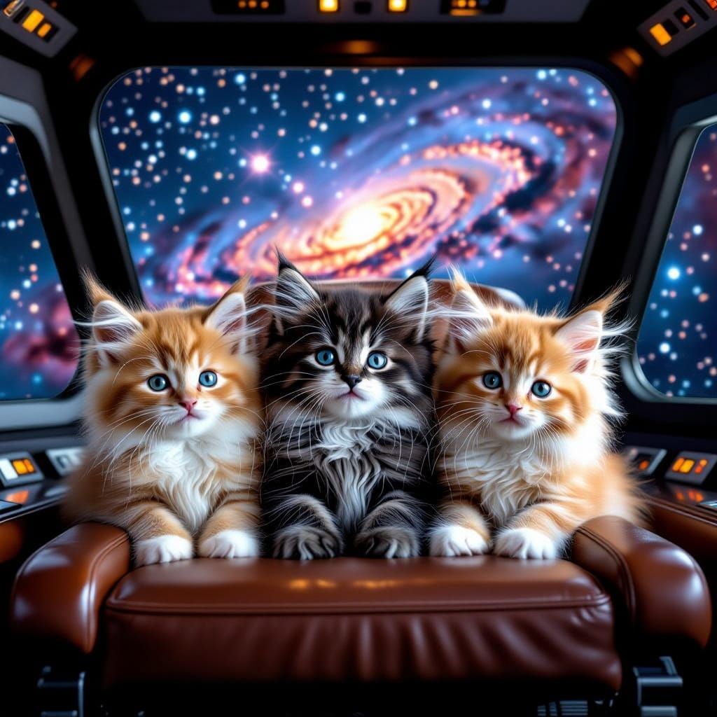 Kittens Explore Nebula in Colorful Spaceship
