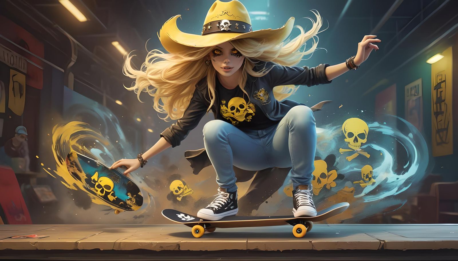 Skateboarding Woman with Cowboy Hat, Digital Art