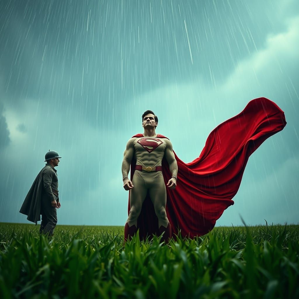 Hercules Superman in Stormy Field, Dramatic Low Angle