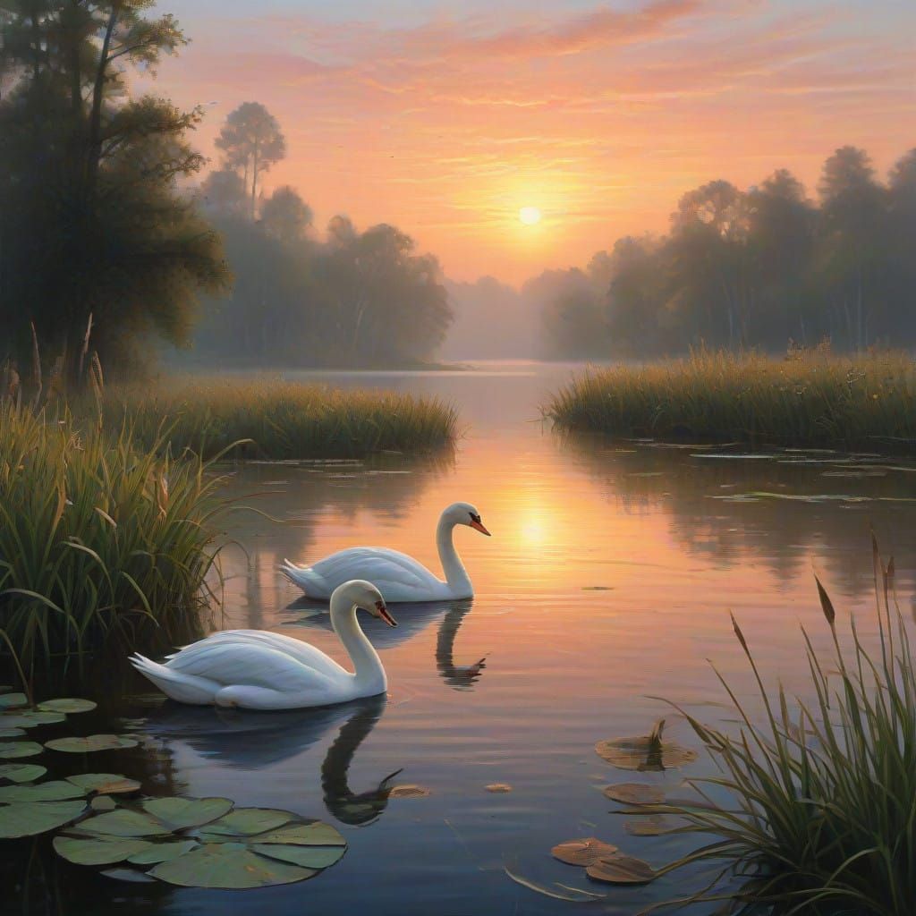 Swans Reflect Golden Sunrise on Crystal Clear Lake