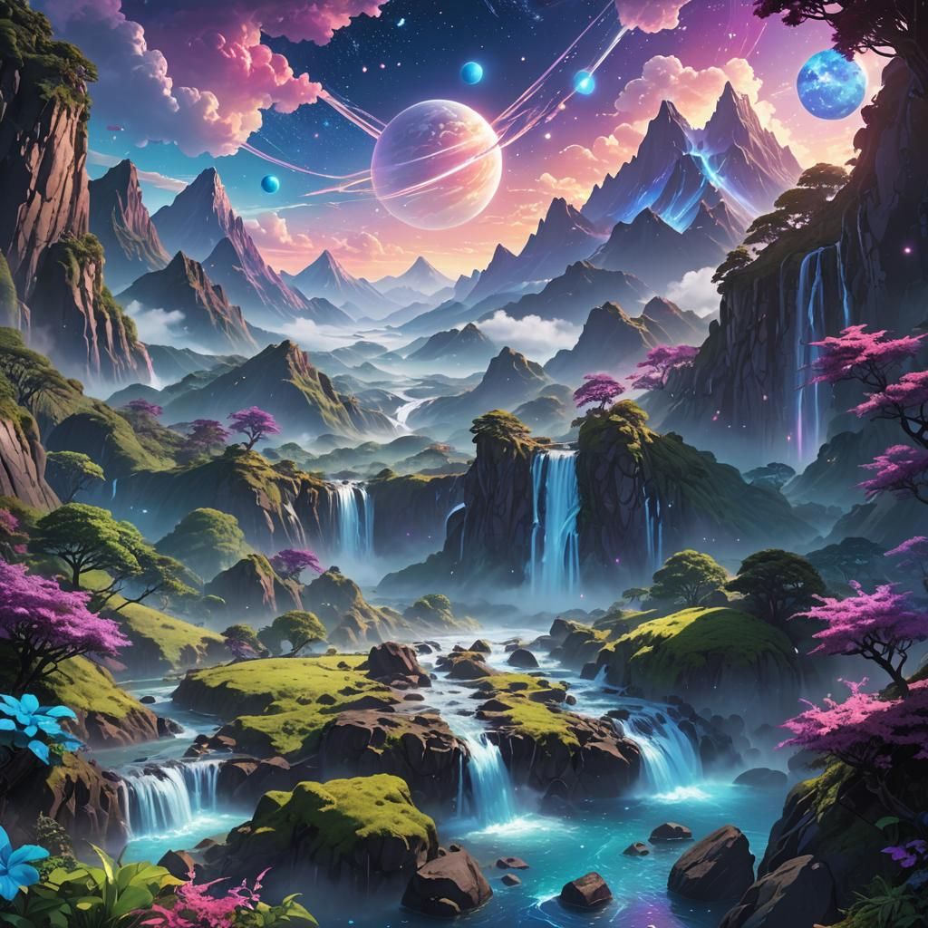 Breathtaking 3D Anime Landscape with Mountains and Waterfall...