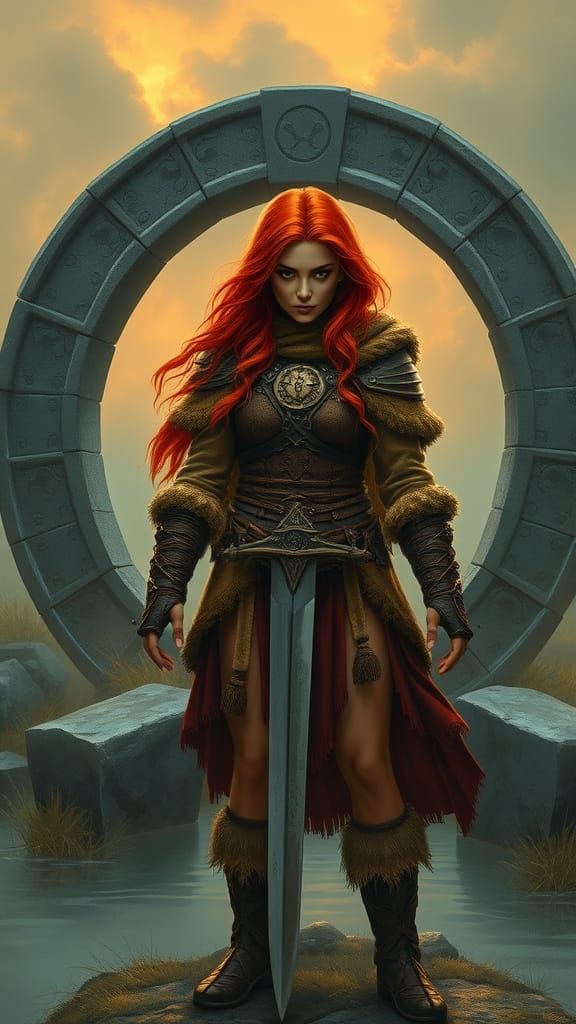 Celtic Warrior Woman at Stone Circle, Fantasy Art