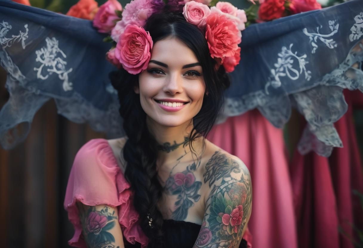 Tattooed Girl Portrait with Pink Dress in Bokeh
