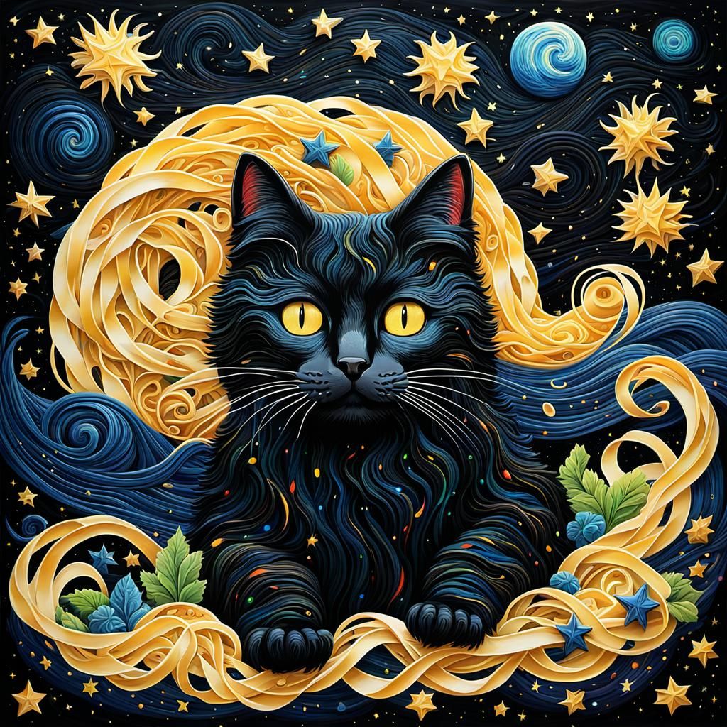 Black Cat Souls in Starry Night Abstract