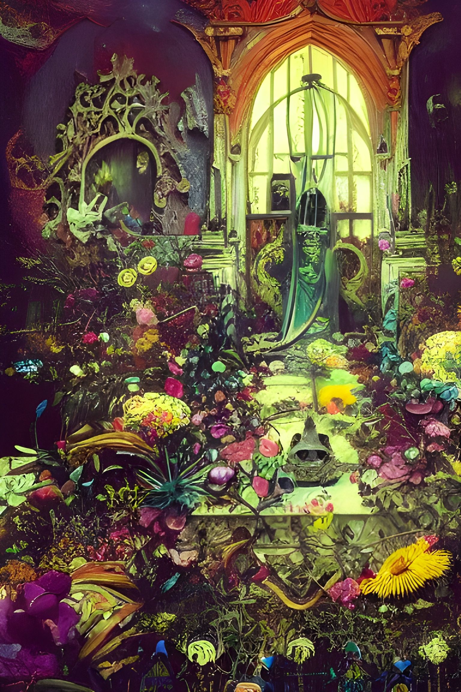 Haunted Mansion Engulfed by Glass Flowers: Mixed Media Paint...