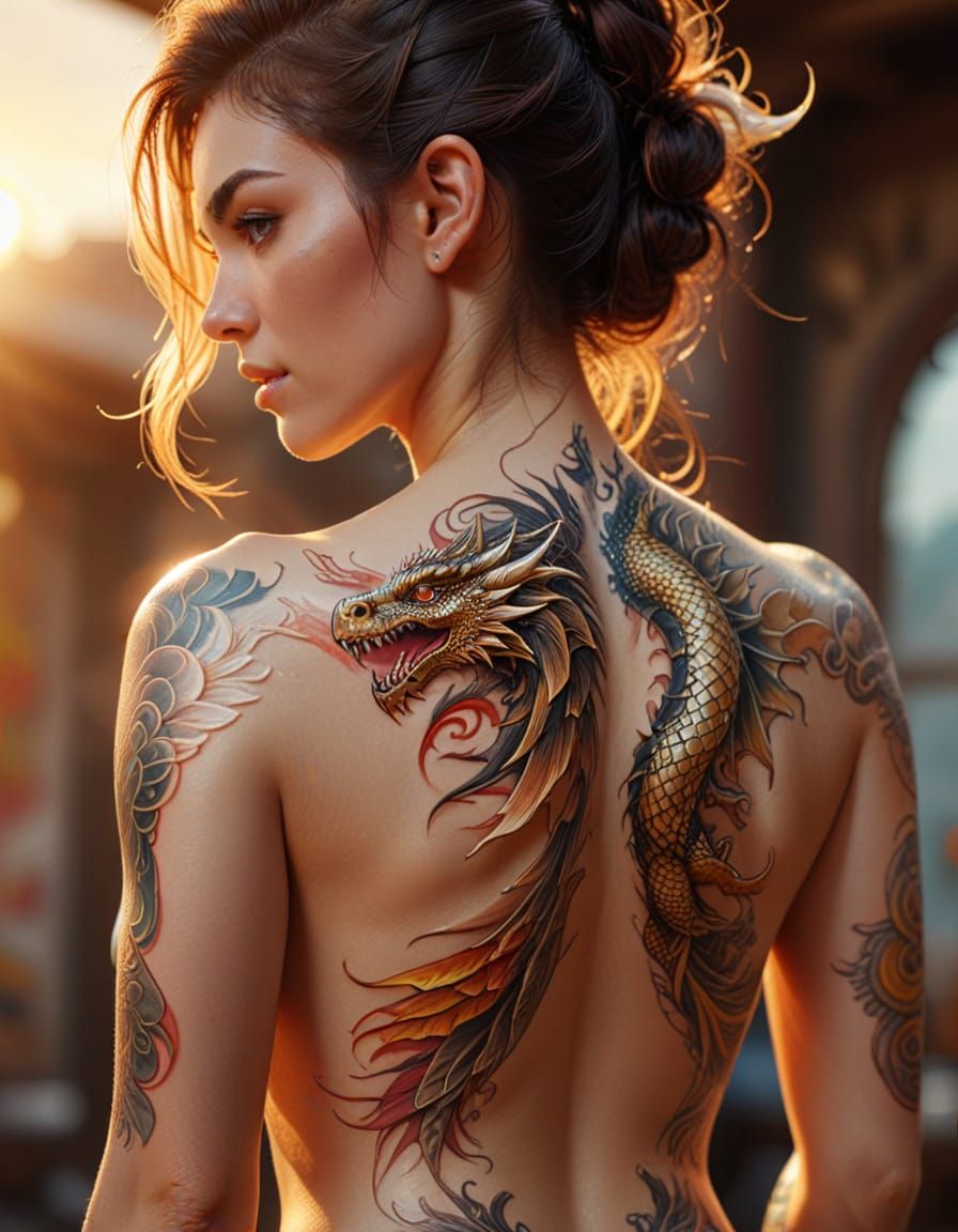 Woman with White Dragon Tattoo: Hyper-Realistic Digital Art