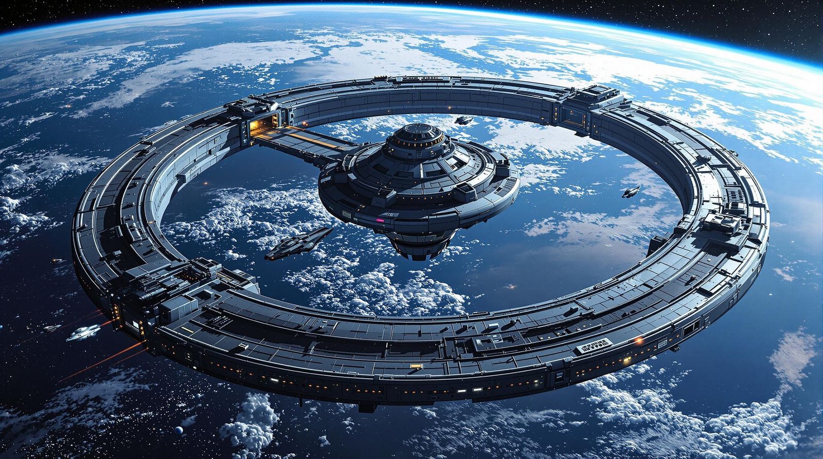 Gigantic Space Station Orbiting a Blue Water Planet