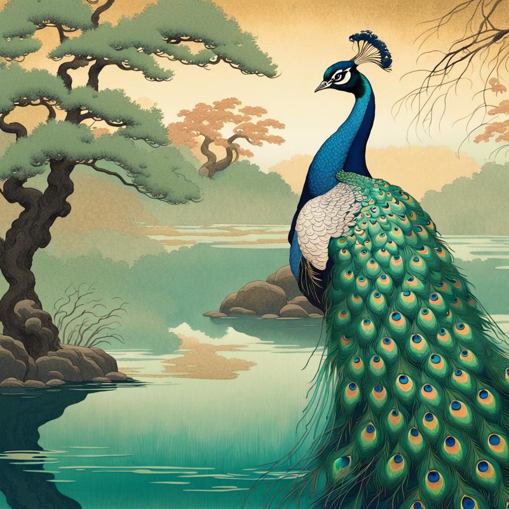Iridescent Peacock by Lake in Ukiyo-e Style