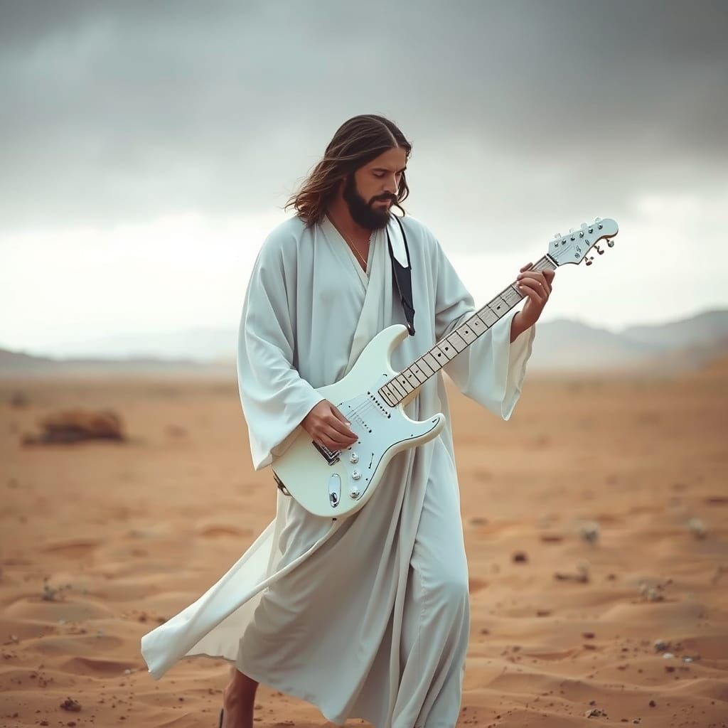 Jesus Plays Electric Guitar in Desert Landscape