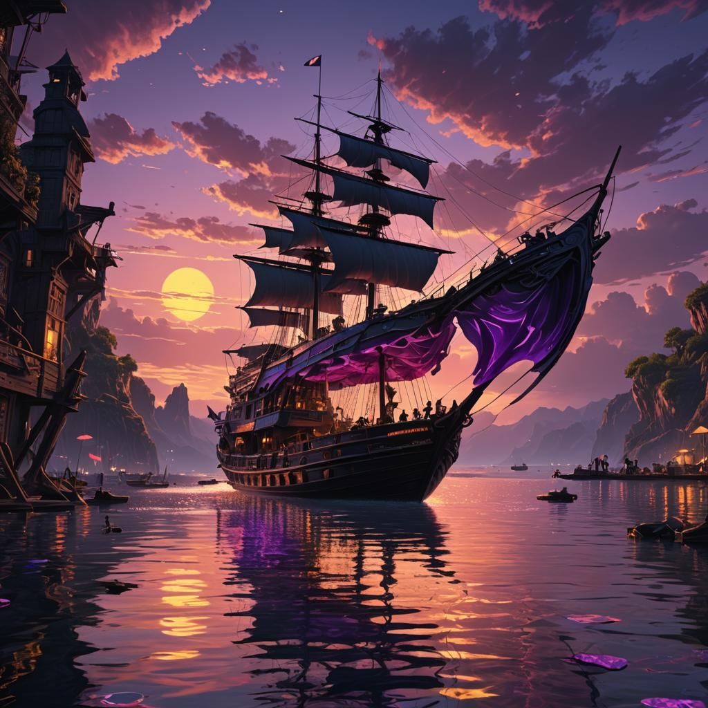 Surreal Mirrored Lake with Sailboat at Sunset