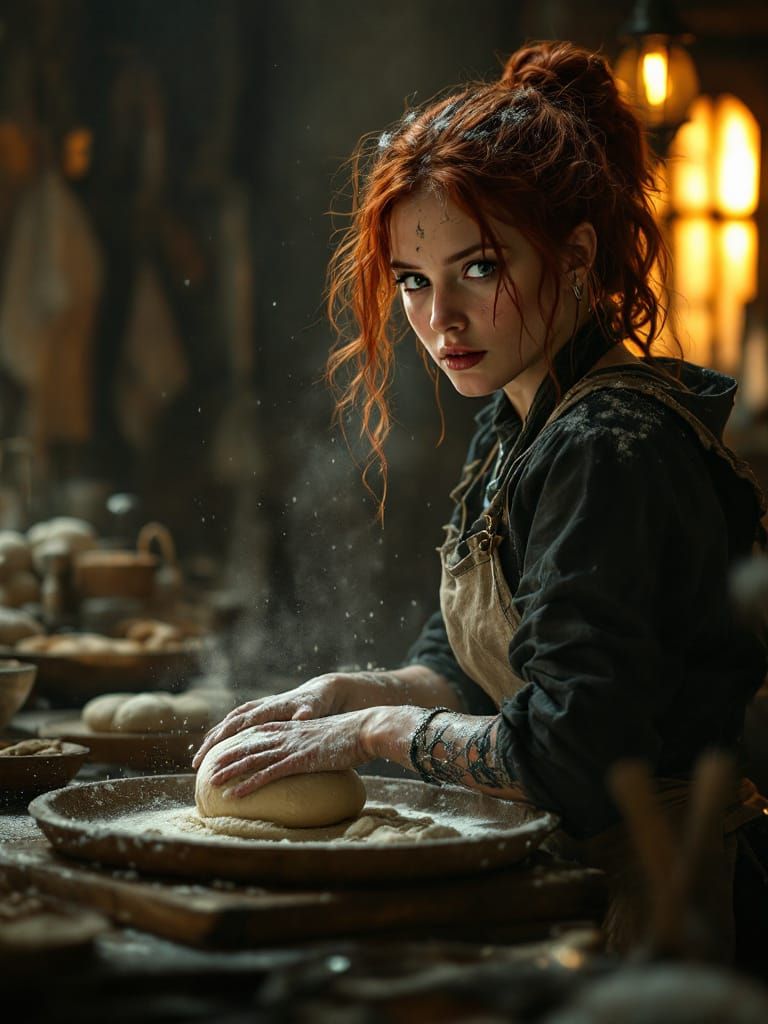 1500s Baker Kneading Dough With Dramatic Lighting