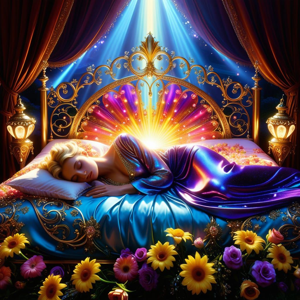 Ethereal Woman on Luxury Bed with Psychedelic Accents