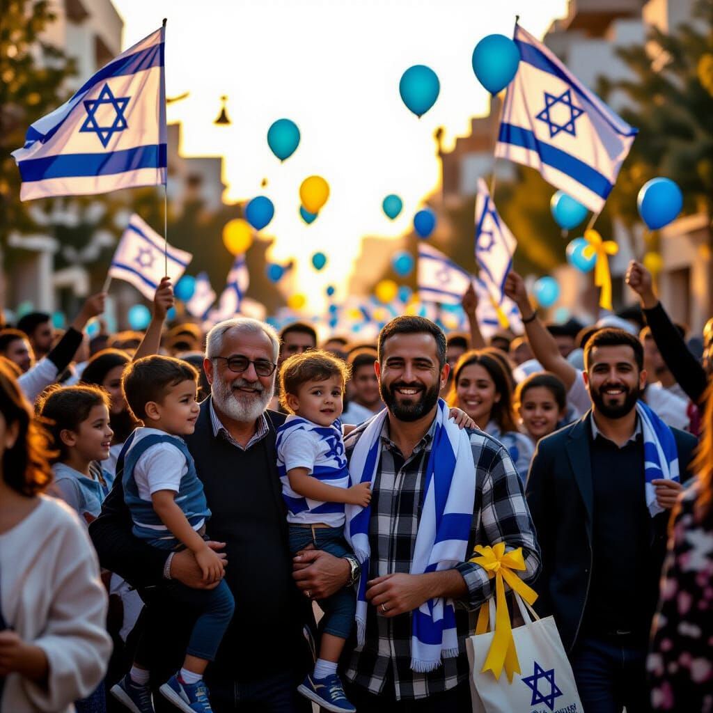 Men Celebrate With Israeli Flags And Balloons At Sunset